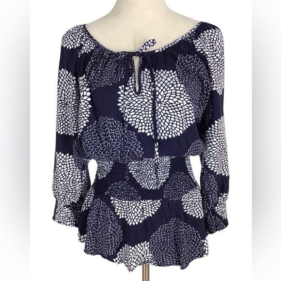 Daniel Rainn Blue White Floral 3/4 Sleeve Boho Blouse Size M - Picture 1 of 6